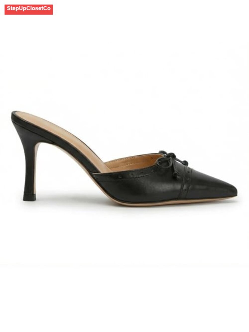 Faux Leather Bow Tie Mules Kitten Heel Slip On Pumps Women Pointed Toe